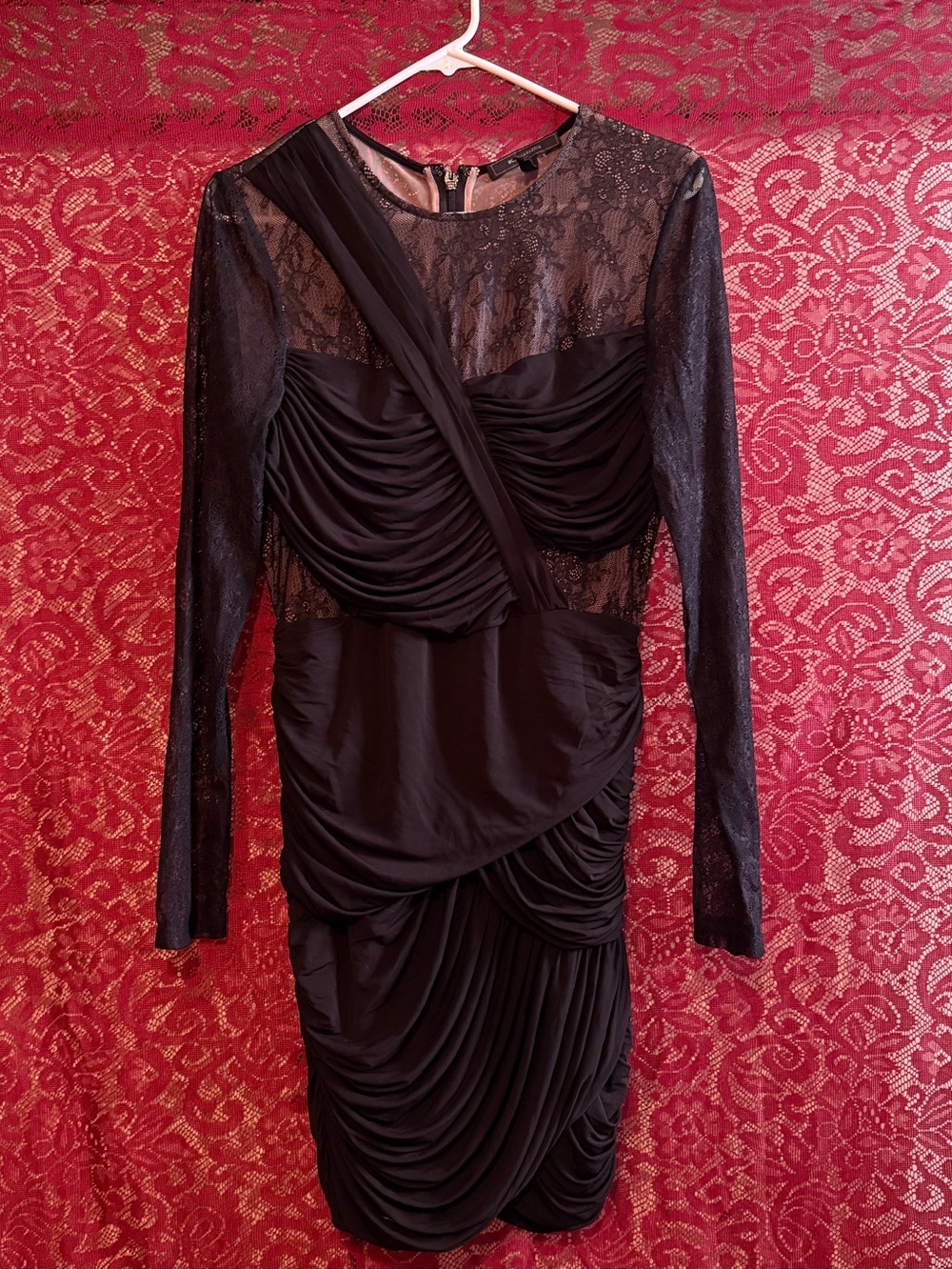 BCBGMAXAZRIA Black Lace Ruched Long Sleeve Mini Dress Size L